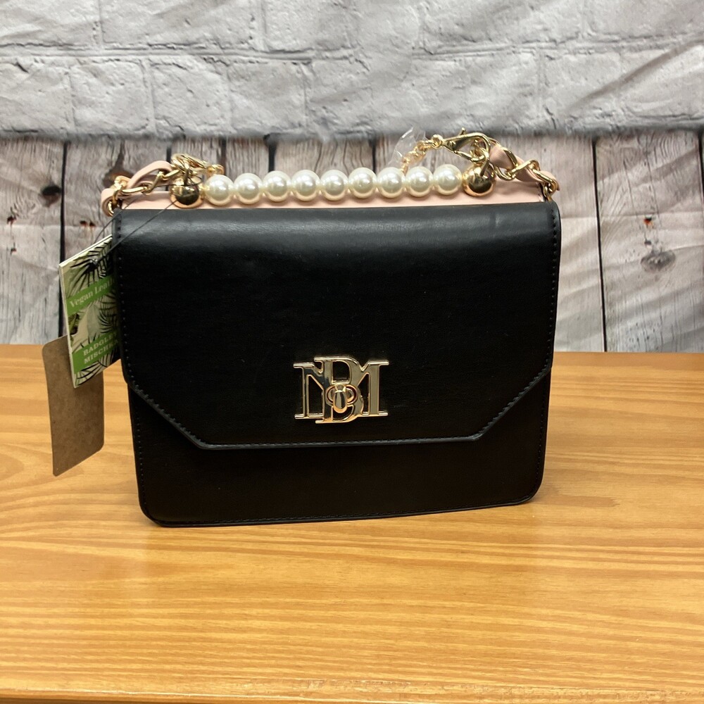Badgley Mischka Women's Black Pink Shoulder Bag Flap Turn Lock Chain Pearl